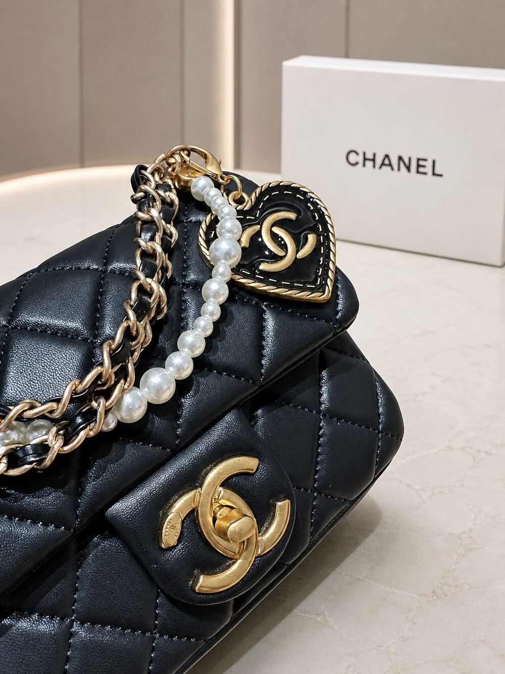 Chanel Mini Square Black Lambskin Pearl Chain Flap Bag - Picture 4 of 7